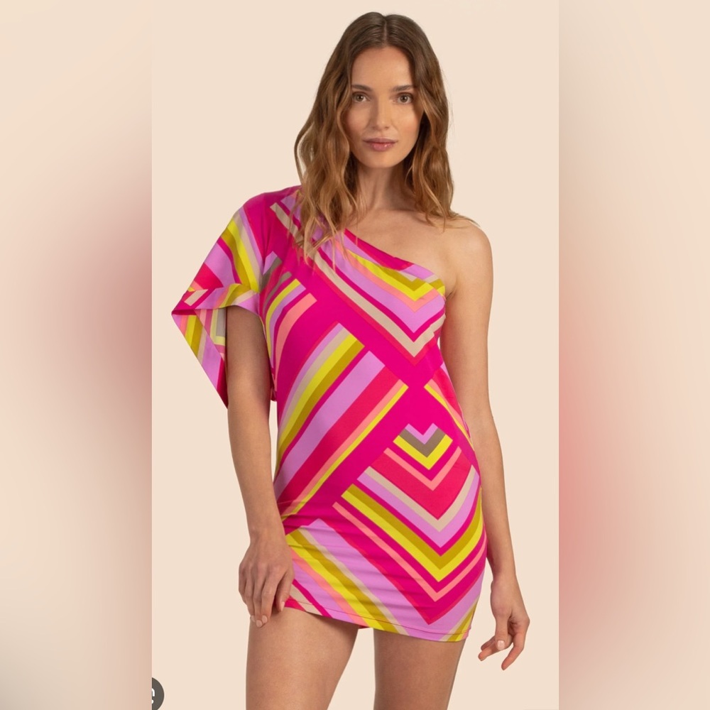 Trina Turk Waltz One Shoulder Tunic Stretch Swimsuit Cover Up Dress Small